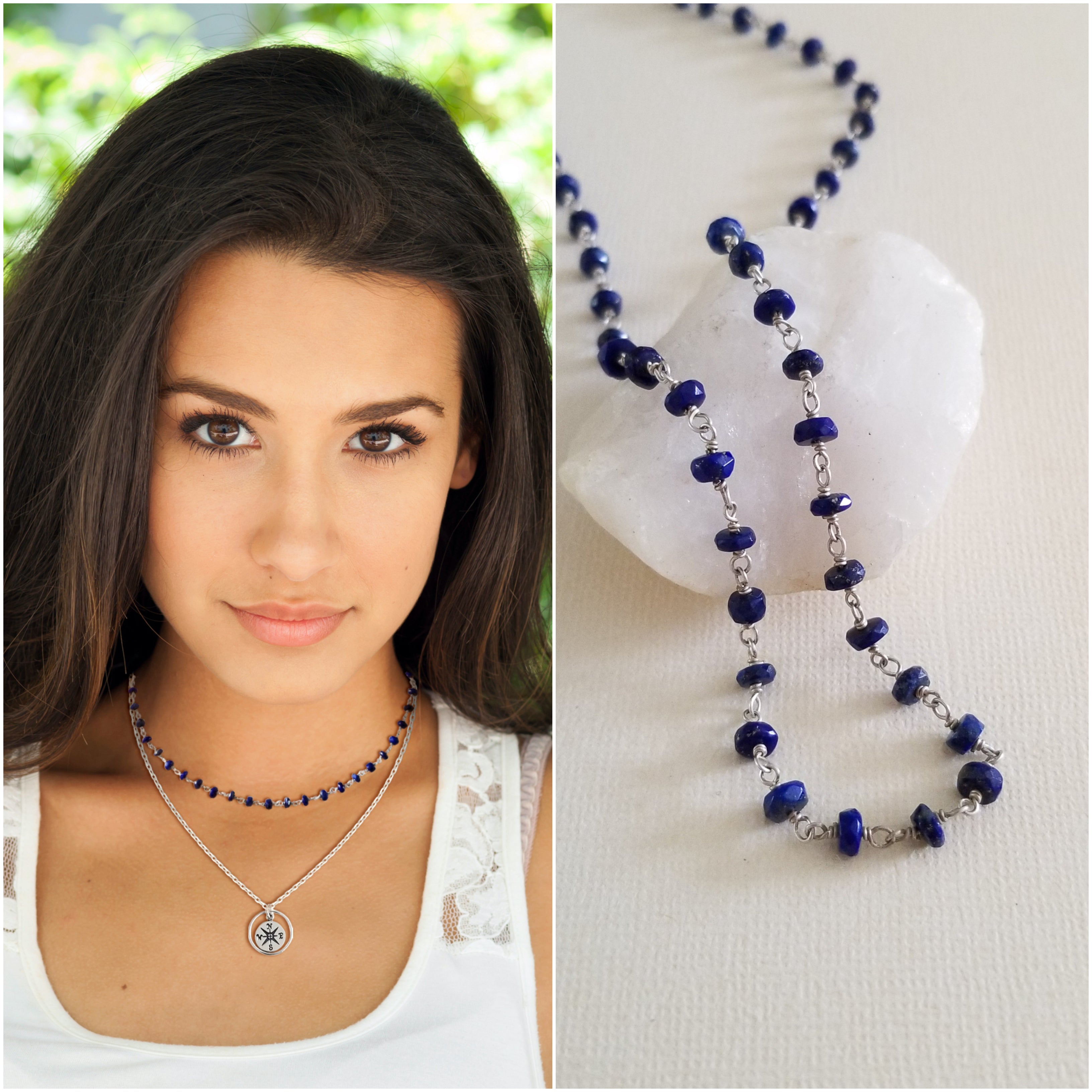 Dainty Lapis Lazuli Beaded Chain Necklace, Layering Necklace 16 Inches