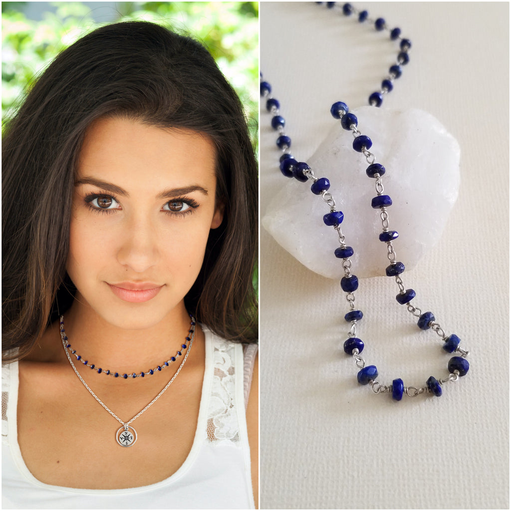 Dainty Lapis Lazuli Beaded Chain Necklace, Layering Necklace, Lapis LAzuli Choker Necklace, Boho Beaded Necklace