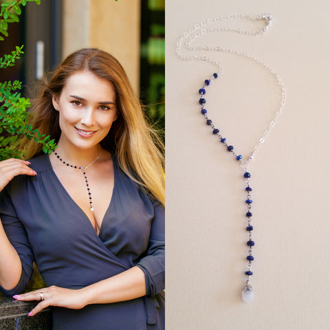 Modern Lapis Lazuli Y Necklace with Raw Moonstone