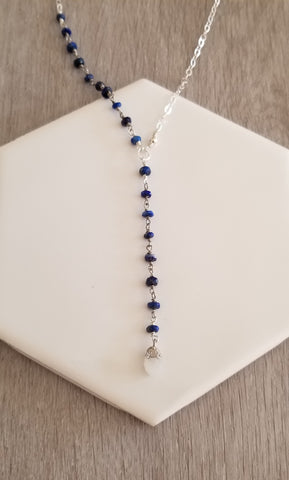 Modern Lapis Lazuli Y Necklace with Raw Moonstone