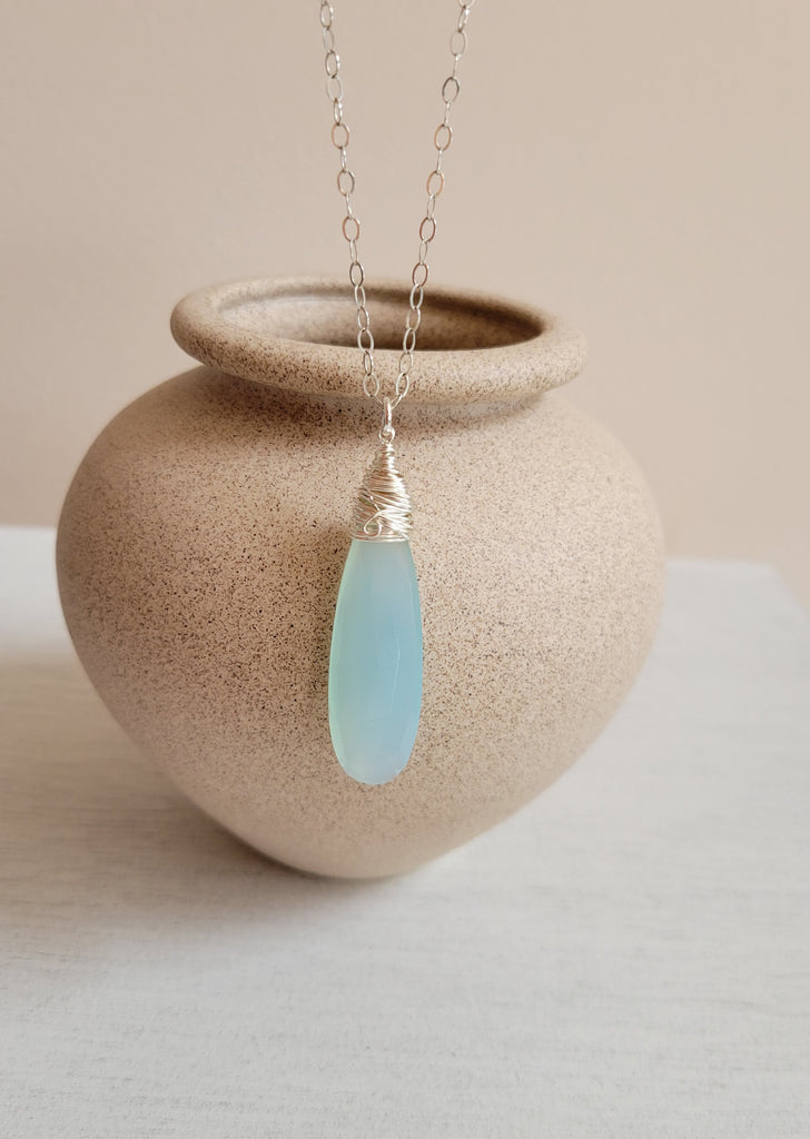 Long Aqua Chalcedony Pendant Necklace Sterling Silver or 14K Gold Fil Fabulous Creations Jewelry