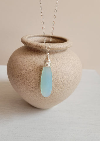 Long Aqua Chalcedony Pendant Necklace, Sterling Silver or 14K Gold Filled