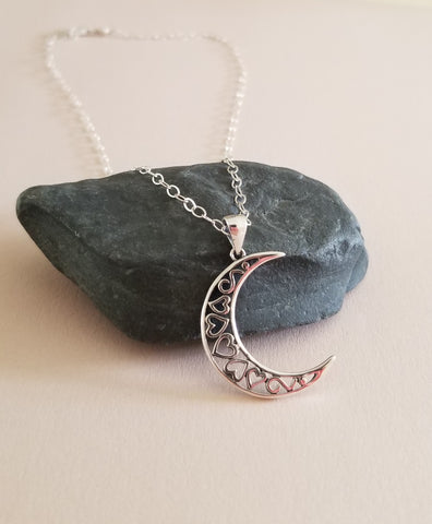 Crescent Moon Pendant Necklace, Hearts Necklace, Anniversary Gift, Gift for Wife, Handmade Jewelry in the USA