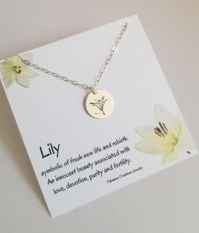 Dainty Lily Flower Disc Necklace, Sterling Silver or Gold