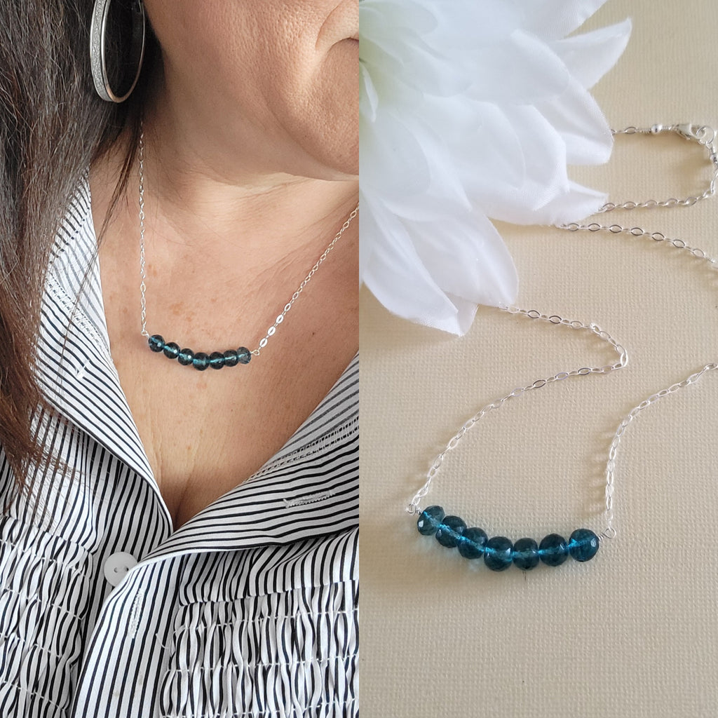 London Blue Topaz Necklace, Dainty Gemstone Bar Necklace, Handmade Jewelry for Women