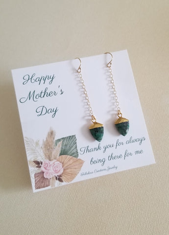 Mothers Day Gift Idea, Natural Emerald Earrings, Gold Earrings for Mom, Gifts for Mothers