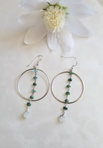 Emerald and Moonstone Hoop Earrings for women handmade in the USA