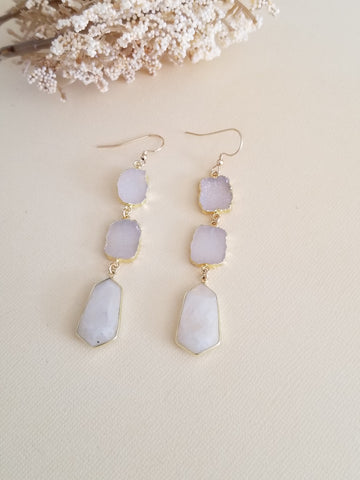 Druzy and Moonstone Long Dangle Earrings, Wedding Earrings, Statement Earrings