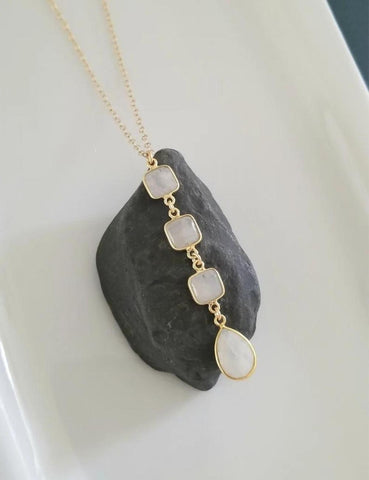 Moonstone Y Necklace, Long Moonstone Pendant, Gemstone Necklace, Healing Crystal Jewelry, Gold Moonstone Necklace for Women, Gift for Her