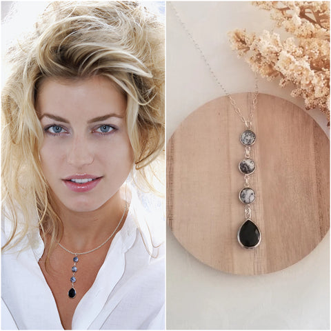 Dendritic Opal and Black Onyx Pendant Necklace, Boho Onyx Y Necklace