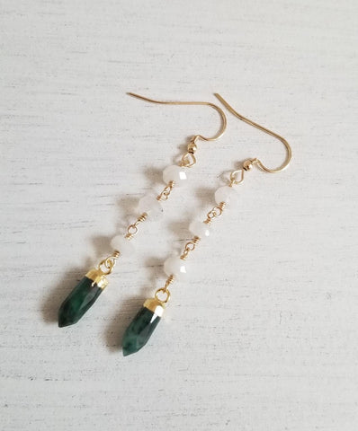 Long Emerald and Moonstone Boho Earrings
