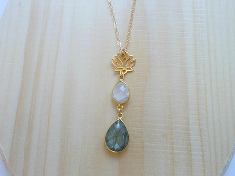 long pendant necklace, gemstone necklace, gold lotus necklace, Fabulous Creations Jewelry
