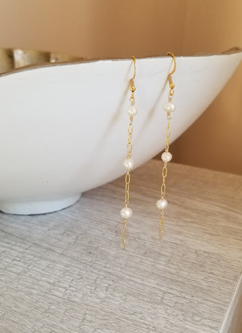 Long Pearl Earrings, Sterling Silver or Gold Filled