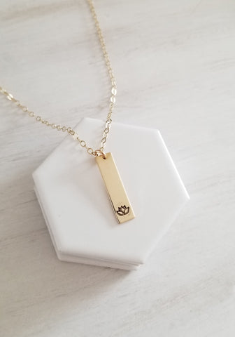 Gold Bar Necklace, Hand Stamped Lotus Flower Bar Pendant