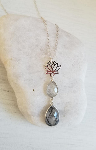 Black Rutilated Quartz Lotus Flower Pendant Necklace