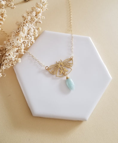 Gold Luna Moth Necklace. Moth Jewelry, Bug Jewelry, Intuition Jewelry,Entomologist Jewelry, Handmade Gemstone Jewelry