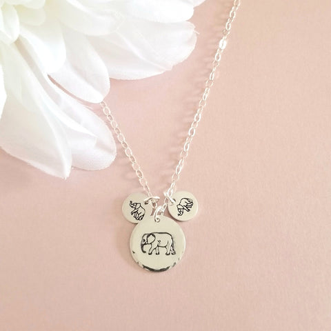 Custom Mother's Necklace, Mama and Baby Elephant Necklace, Mother's Day Gift, Family Necklace, Hand Stamped Necklace for Moms