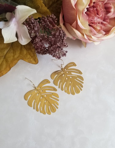 Gold Brass Monstera Leaf Earrings