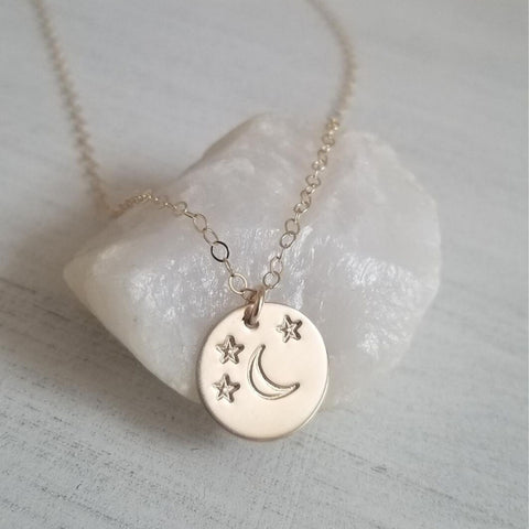 Moon and stars charm necklace, celestial jewelry, hand stamped necklace