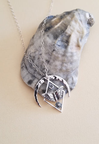 Sterling Silver Moth Necklace, Moth Sun and Moon Charm Necklace, Moth Pendant, Geometric Moth Necklace with Sun and Moon, Handmade Moon Jewelry