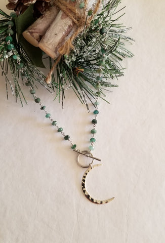 Beaded Emerald Necklace with Silver Crescent Moon, Gift for Her, Bohemian Necklace