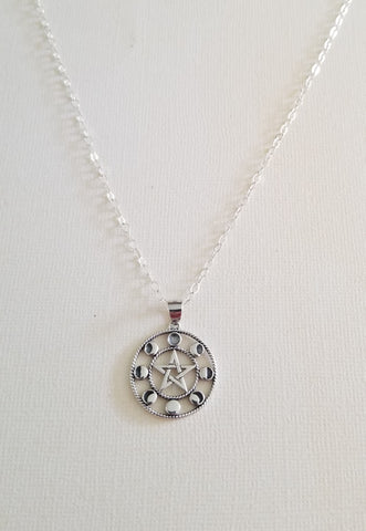 Sterling Silver Moon Phases and Celtic Star Pendant Necklace for Women