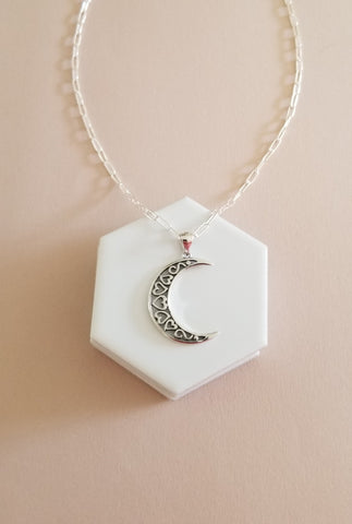 Sterling Silver Moon Necklace, Paperclip Chain, Gift for Her, Crescent Moon Pendant