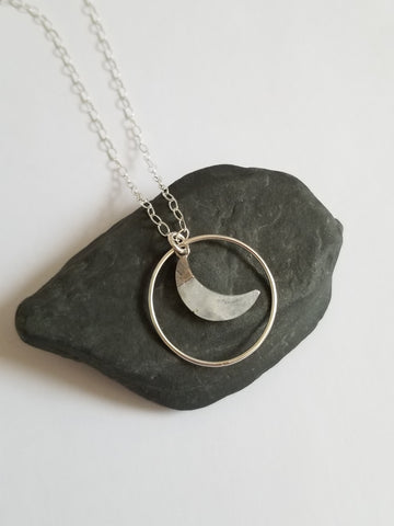 Moonstone Crescent Moon Necklace, Half Moon Pendant Sterling Silver