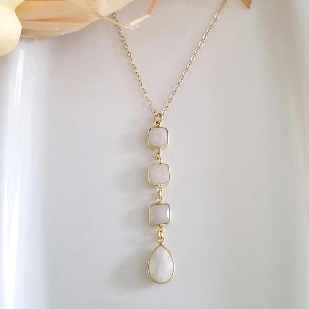 Gold Moonstone Y Necklace, Long Moonstone Pendant Necklace, Gemstone Y Necklace, Boho Necklace