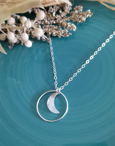 Moonstone Crescent Moon Necklace, Half Moon Pendant Sterling Silver