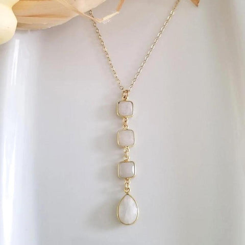 Gold Moonstone Y Necklace, Long Moonstone Pendant Necklace