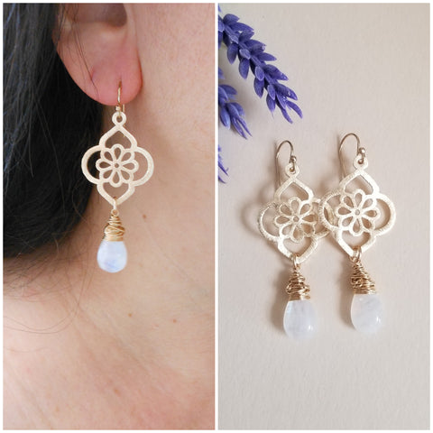 Gold Flower Earrings, Moonstone Earrings