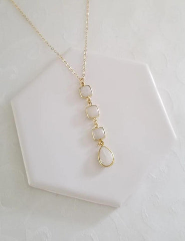 Gold Moonstone Y Necklace, Long Moonstone Pendant Necklace