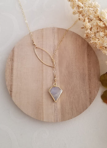 Moonstone Lariat Necklace for Women, Gift for Her, Gold Y Necklace, Boho Lariat