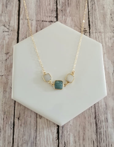 Dainty Aquamarine and Moonstone Bar Necklace,  Handmade Gemstone Jewelry, Gemstone Choker Necklace,