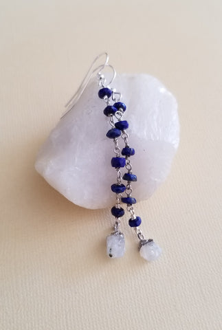 Lapis Lazuli Earrings for Women, Long Beaded Lapis Earrings with Raw Moonstone, Boho Dangle Earrings, Birthday Gift for Women, Moonstone Earrings