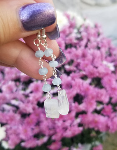 Aquamarine and Moonstone Dangle Earrings, Sterling Silver or Gold Filled