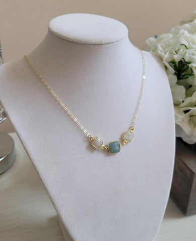 Aquamarine and Moonstone Necklace, Raw Crystal Bar Necklace, Layering Necklace