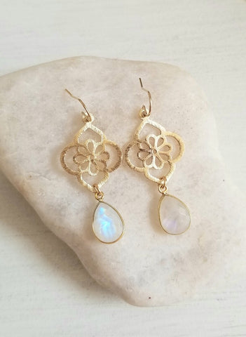 Gold Flower Earrings with natural Moonstone