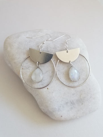 Modern Geometric Earrings, Moonstone Hoops