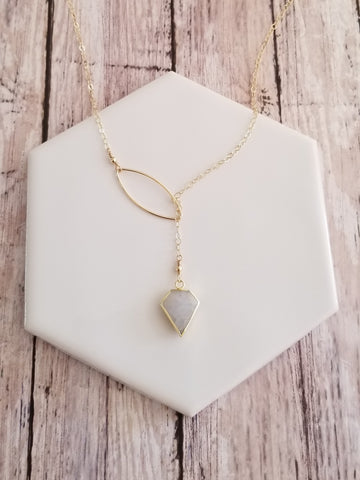 Moonstone Y Necklace, Gold Lariat, Dainty Gold Filled Chain Necklace