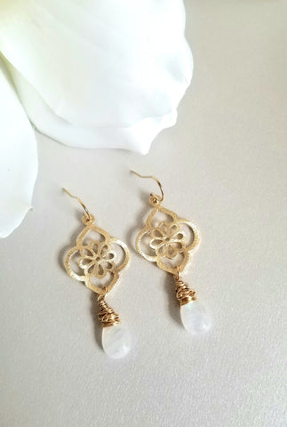 Gold Moonstone Statement Earrings, Wedding Day Earrings for Bride