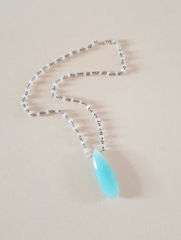 Boho Beaded Moonstone chain, Aqua Chalcedony Teardrop Necklace, Handmade Bohemian Jewelry in the USA