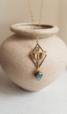 Moth Sun and Moon Charm Necklace with Labradorite