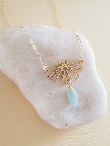 Gold Luna Moth Pendant Necklace with Raw Aquamarine, Transformation Jewelry