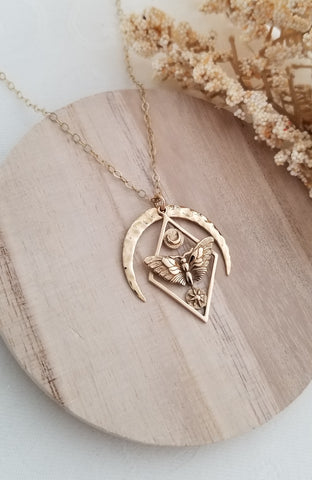 Gold Moth Necklace, Moth Sun and Moon Pendant Necklace,
