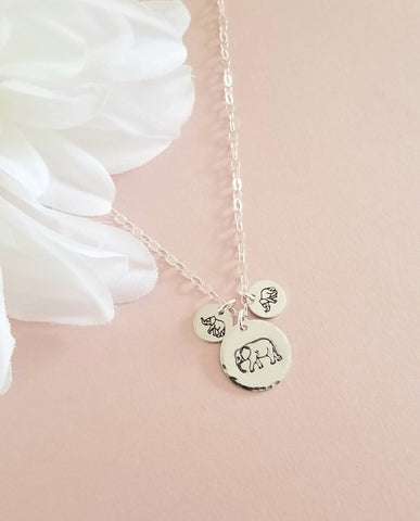 Mother's Necklace, Personalized Necklace for Mom, Mama Elephant and Baby Elephants Charm Necklace