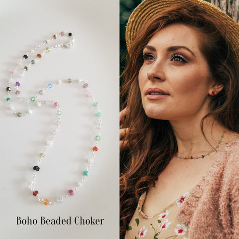 Multi Gemstone Beaded Necklace, Boho Choker Layering Necklace