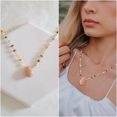 Peach Moonstone Teardrop Necklace, Multi Gemstone Beaded Necklace