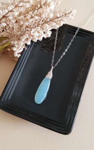 Long Aqua Chalcedony Pendant Necklace, Sterling Silver or 14K Gold Filled